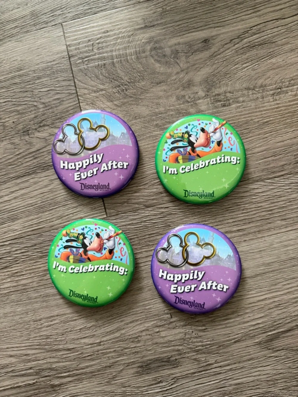 Disney Purple & Green 'Happily Ever After' and 'I'm Celebrating' Party Buttons